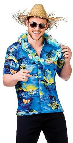Wicked Costumes Mens Blue Palm Tree Hawaiian Shirt - Fancy Dress Costume - Small