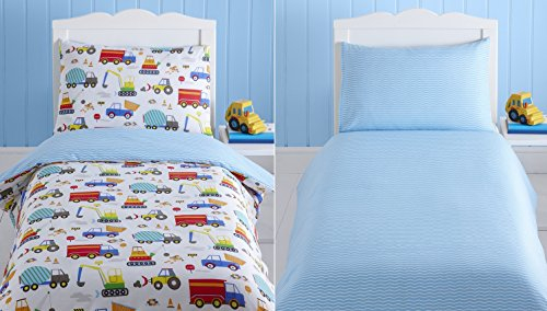 Kidz Club Bright Trucks Junior Bettbezug und Kissenbezug-Set, Wende-Steppdecke, Bagger, Polyester-Baumwolle, weiß, Für Kinder