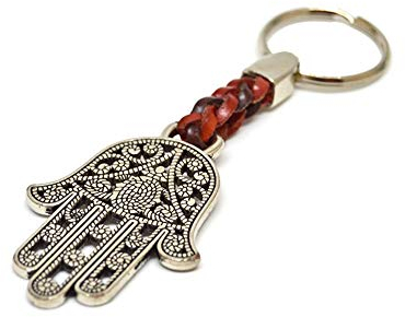 ClaroSchmuck Schlüsselanhänger Schlüsselring Hand der Fatima an Lederband 8 cm Plus Ring 2,5cm