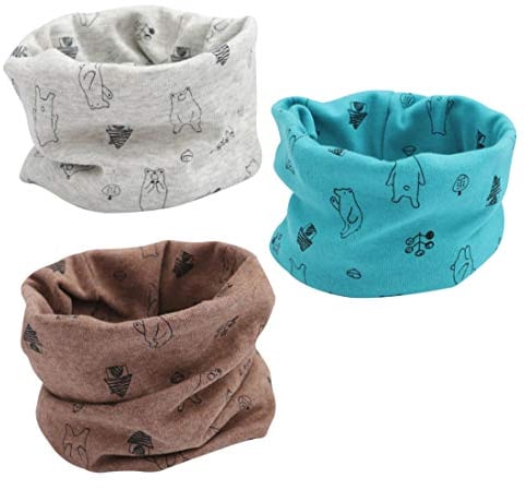 DEBAIJIA 3 pcs Unisexe Écharpe Cache-cou Bébé Enfant 0-8 Ans, Coton Doux Chaud pour Printemps Automne Hiver, Multifonction: Foulard,Bandeau, Gris/Bleu/Marron, Taille Unique
