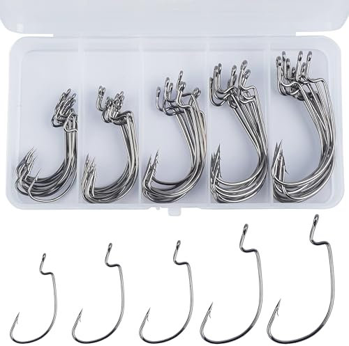 Shaddock 50pcs Offset Worm Hooks Wide Gape Fishing Hooks High Carbon Steel Sharp Jig Hook for Bass & Trout