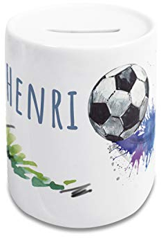 GRAZDesign Fussball Spardose Kinder Jungen mit Name Sparschwein personalisiertes Geschenk Geburtstag, Weihnachten, Taufe Keramik