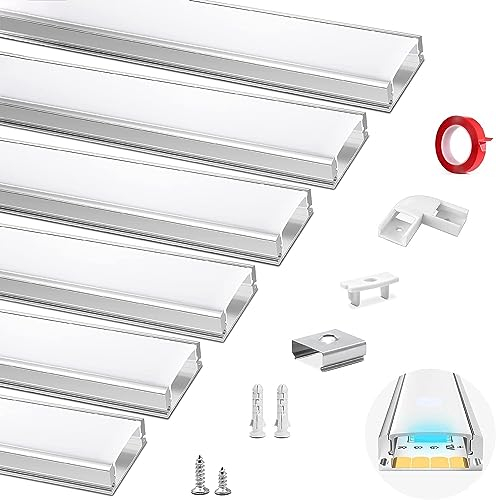HOMMAND Perfil Aluminio Tira LED, 6 Pack 1m Perfil de Aluminio para LED Forma de U, Canal de aluminio LED y Difusor LED, con Conector de Esquina, Adhesivo, Tapas finales, Clips de Montaje