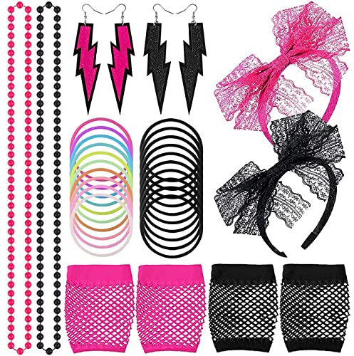 Guichangkai 80er Party Kleid Zubehör Mottoparty kostüm 80 Jahre Kostüm Zubehör Set mit Damen Regenbogen Tutu Rock Damen Neon Halsketten Mehrfarbig Perlenkette für 1980 Party kostüm Damen Set