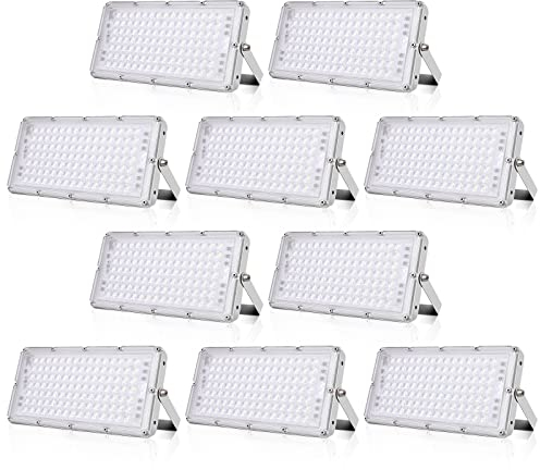 Viugreum 10 * 100W Foco Led Exterior, 10000LM Blanco Frío 6500K Foco Proyector LED 100W, IP66 Impermeable Luz de Seguridad, Led Floodlight para Jardín, Taller, Garaje[Ultrafino]