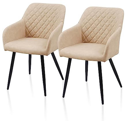 TUKAILAI Esszimmerstühle 2er Set aus Kunstleder, Modern Küchenstuhl Polsterstuhl Wohnzimmerstuhl Sessel mit Armlehnen Rückenlehne Metallbeinen, für Küche Esszimmer Wohnzimmer Lounge,Creme