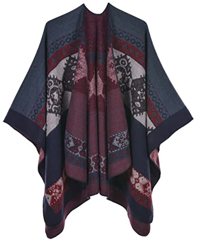 Damen Herbst Winter Retro Poncho Schal Gestrickt Beidseitig Tragbar Klassische Wrap Cape Cardigans Schal Quasten Stola,Totem Marine-Rot