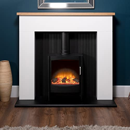 Sureflame Keston Electric Stove/Fireplace with Straight Pipe – Traditional Black Design, Realistic LED Flame Effect, 1.8kW Heat Output, Compact & Easy to Install
