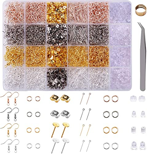 Ohrring Machen Kit Schmuck Basteln Zubehör 3600 Stück Schmuckherstellung Set Ohrhaken Sprung Ringe Ohrstopper Ohrstecker für Ohrring Herstellung Ohrringe Basteln Zubehör DIY Ohrhänger Schmuck