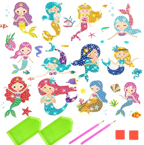 Favson 5D Diamand Painting Set für Kinder, Diamond Aufkleber Painting Sticker Set, Kinder und Erwachsene Anfänger Diamant Aufkleber Kit, für Mädchen Notebook, Cup,Geburtstagsgeschenk (Meerjungfrau)