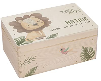 hellomini Personalisierte Erinnerungsbox Baby - Erinnerungskiste mit Namen aus Holz - Geschenk zur Geburt für Mädchen & Jungen - Babygeschenke (Löwe, S: 30x20x14cm - Druck Vorderseite)