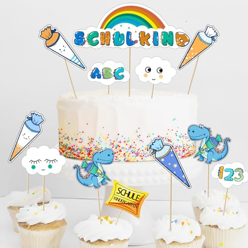 Tortendeko zur Einschulung, 12-teilig Einhorn-Thema Schulanfang Cupcake Topper Deko,Schuleinführung Kuchen Fondant Muffins Zucker deko,für schulkind Junge Mädchen 1. Schultag Party Deko