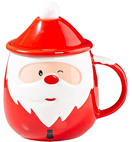 ZHDOKA Divertida taza de café de Navidad, taza de Papá Noel con tapa y cuchara, taza de té de vacaciones de 15.5 onzas, taza de leche de cerámica con asa para bebidas, jugo, agua