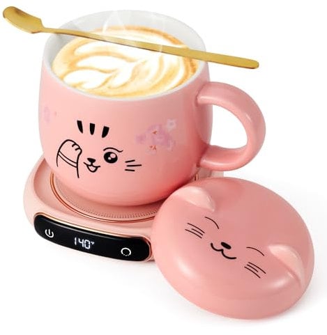 Bsigo Electric LED Display Smart Coffee Mug Warmer & Cute Cat Mug Set, Beverage Cup Warmer for Desk, Warmer Plate for Milk Tea with 3-Temperature Settings (Up to 140℉/60℃), 8 Hour Auto Shut Off, Pink