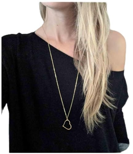 Aneneiceera Boho Long Love Pendant Necklace Gold Minimalist Heart Necklace Chain Hollow Heart Drop Necklace Jewelry for Women and Girls Gifts(Gold)