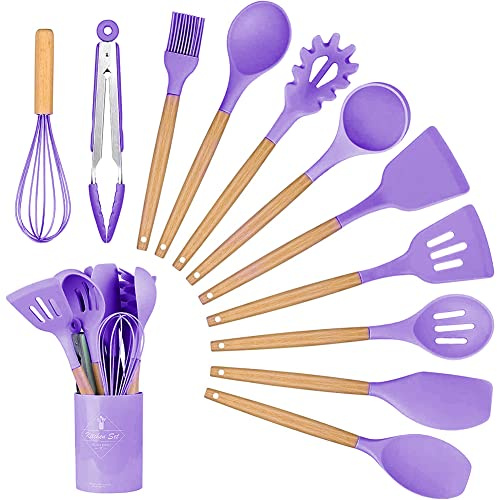 DAZZLEEX Lot de 12 ustensiles de cuisine en silicone anti-adhésif Violet
