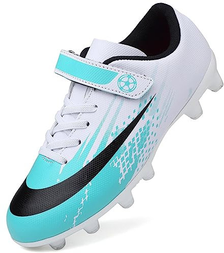 Dhinash Boys' Football Boots Astro Turf Trainers Kids Girls Cleats Soccer Shoes Teenager Outdoor Athletics Sport Sneakers Spike Football Shoes Unisex White Green 12.5UK