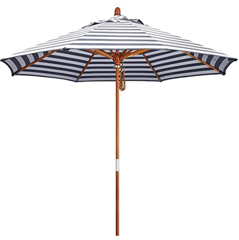 XIAOYUE Sonnenschirm 270 cm, Blau-Weiß Gestreifter Gartenschirm, Holzschirm mit Seilzug, Balkonschirm Marktschirm, 3 verstellbare Höhen, für Deck,Schwimmbad, Outdoor