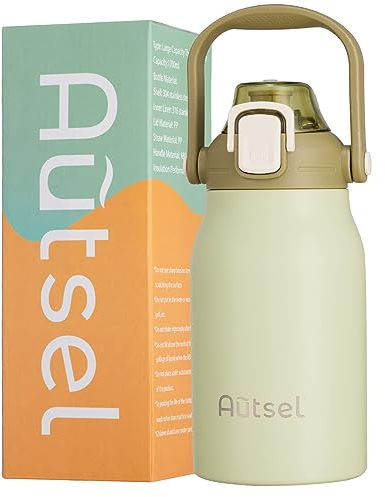 Autsel Edelstahl Trinkflasche mit Strohhalm 1L Flasche Große Trinkflasche aus Metall Outdoor Flasche BPA-freikanne für Camping Fitness
