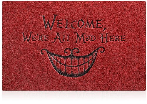 AOAOPQ Welcome We're all mad here, Smiley-Fußmatten, Gummi-Rückseite, waschbar, personalisierbar, langlebig, für drinnen und draußen, Bodenmatte für Eingangsbereich, Veranda, Dekoration, Dunkelrot