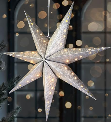 BRUBAKER LED Weihnachtsstern zum Aufhängen - 60 cm Papierstern mit 7 Spitzen - 3D Adventsstern - Batteriebetrieben, Hängend und Beleuchtet - Fenster Deko Leuchtstern - Silber