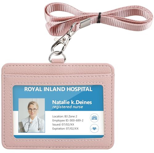 Teskyer Porte Badge, Porte Badge tour de Cou, 2 Emplacements pour Cartes, 1 Fenêtre Transparente, Porte Carte cou, Horizontal, Cuir PU, Or Rose