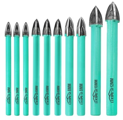 LEKOMESH Meche Carrelage Foret Carbure - 10 pièces 5 * 3/6 * 3/8 * 2/10/12mm Foret Carrelage, Meche Verre pour Bois Plastique Maçonnerie Céramique Béton Marbre, Tige Ronde