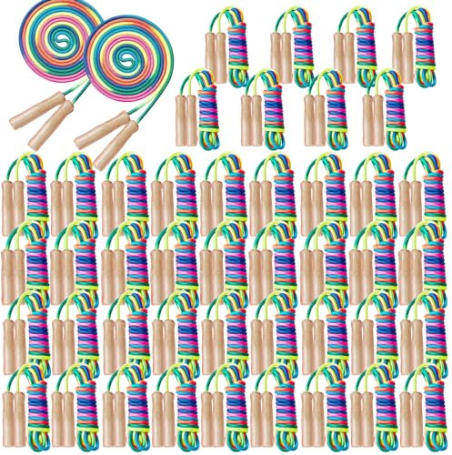 PullCrease 48 Pcs 8.53 ft Adjustable Jump Rope for Kids Rainbow Cotton Jump Rope Bulk Kids Skipping Rope with Wooden Handles Toddler Jumping Rope for Boys Girls Students Preschooler Outdoor Exercise