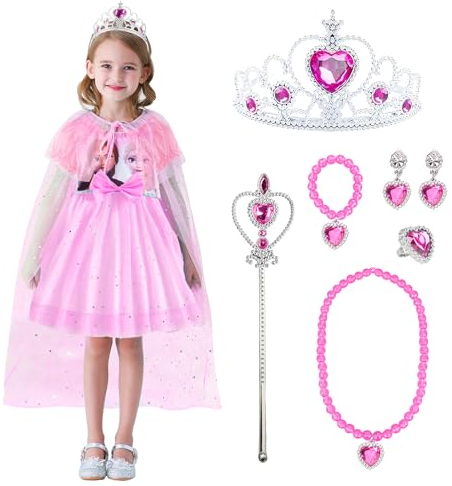 Elsa Princesse Robe, 9 Pièces Elsa Déguisement Cadeau Set, Deguisement Reine des Neiges Fille, Elsa Enfant Costume avec Robe Elsa, Couronne Princesse Collier Ensemble, Baguette Magiqu (Rose, 120)