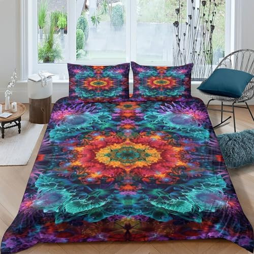 HMLTD Böhmischer Wind Bettwäschegarnitur Oberbett Set 3D Gedruckter Bunte Muster Für Kinder Mädchen Jungen Und Kissenbezüge Bettwäsche Weich Microfaser Reissverschluss 3 Teilig King(220x240cm)