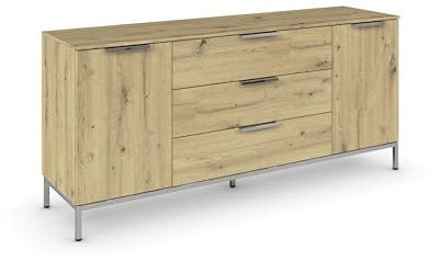 Rauch Möbel Flipp, Sideboard, TV-Schrank, Kommode mit Stauraum, mit Metallkufe chrom, Eiche Artisan, Holz, 2-türig, 3 Schubladen, Griffe chrom, 160x72x42cm