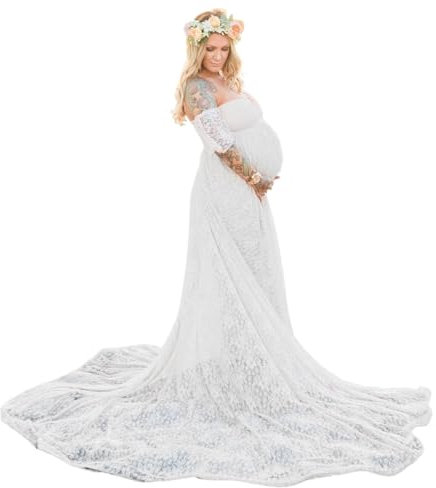 CNAFGBGG 1pc Abito di maternità per Servizio Fotografico, Abito di maternità in Pizzo Lungo, Abito Fotografico in Gravidanza off-Spalle, Abiti fotografici di maternità a Back-Show per Baby Shower m