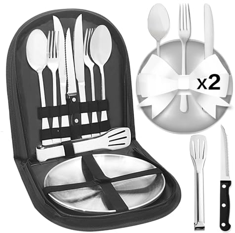 Cynrikah Vaisselle de Camping 11PCS, 2 Personnes kit Vaisselle Camping INOX Set de Camping INOX Eté Vaisselle Camping Ensemble de Vaisselle pour la Randonnée, l'escalade, Le Plein Air(Sac Noir)