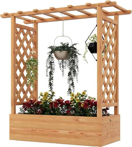 GOPLUS Jardiniere Treillis en Bois Stable avec Trou de Drainage pour Plantes Grimpantes, Fleurs, Jardiniere Balcon avec Barres de Toit pour Cour, Jardin, Interieur, 110 x 44 x 113,5CM (Orange)