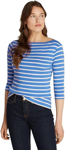 Tommy Hilfiger Women's Long Sleeve Slim Fit Boat Neck Top, Multicolor (Fine STP Blue Spell/Ivory Petal), L
