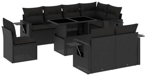vidaXL Garten Sofa Garnitur 9-TLG., Gartenmöbel Set mit Kissen Modular, Lounge Sitzgruppe für Garten Terrasse, Gartentisch Verstellbare Tischplatte, Schwarz Poly Rattan