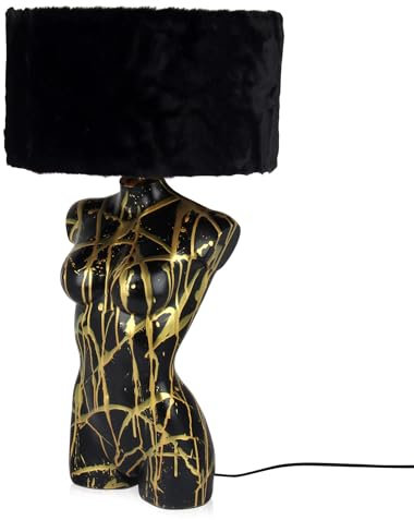 ADM - 'Damentorso' - Tischlampe mit Skulptur Pop Art aus Harz, von Hand dekoriert mit schwarzem Sentetica-Pelz-Lampenschirm - Schwarz - H71 cm