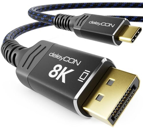 deleyCON 2m 8K Cable USB-C a DisplayPort para Monitor (8K@60Hz / 4K@120hz) Adaptador, Thunderbolt 3/4, para iPhone 16,15 Pro Max, MacBook, iPad Pro/Air, Samsung S25 S24 S23, Portátil, Tableta