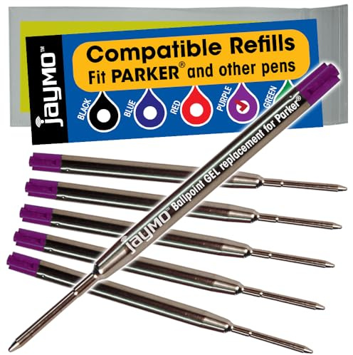 Jaymo Replacement for Parker 30525PP/30526PP and Bastion - Measures 3.875 in / 98 mm Long - G2 Gel Ballpoint Pen Refill - 6 Purple
