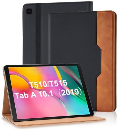 Vkooer Hülle für Samsung Galaxy Tab A 10,1 2019 (SM-T510/T515) mit Dokumentschlitze Premium PU Leder Segeltuch Folio Stand Schutzhülle Tasche Cover Case mit Auto Schlaf/Aufwach, Schwarz
