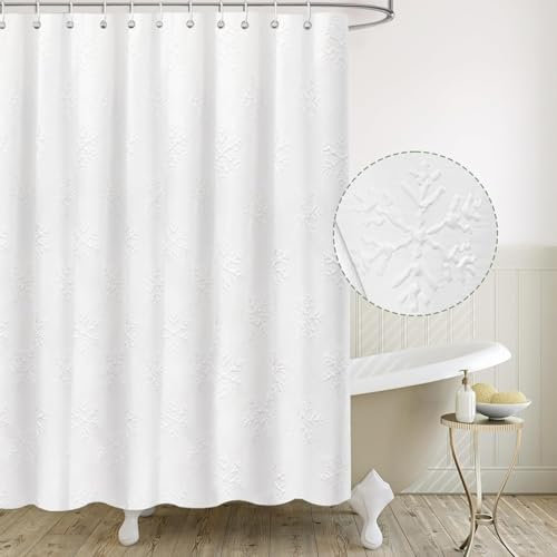 AIBIIN Cortina de ducha con diseño de copo de nieve blanca en relieve 3D con textura de espiga, moderna decoración de baño de granja, cortina de baño suave de Navidad con 12 ganchos, 180 x 180 cm