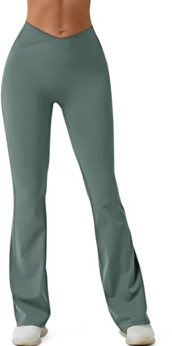 REORIA Damen Yoga Hosen Einfarbige Jogginghose Leggings Schlaghose Mit Kreuzbund und weitem Bein Grau Grün M