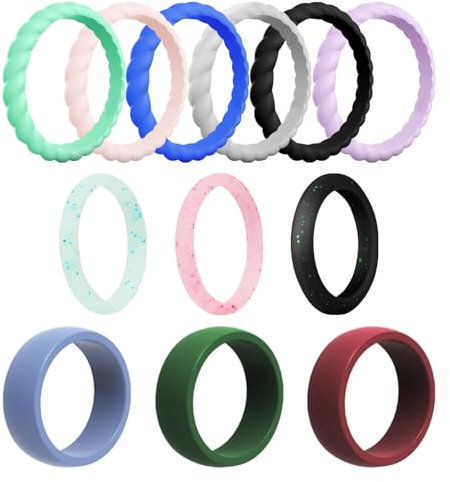 TYGFRT 12 Ladies Silicone Rings - Glitter, Twist, and Thick Wedding Rings for Men and Women