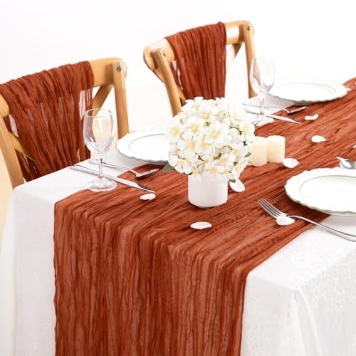 Lot de 2 Chemin de Table Mariage Bohème Terracotta Mousseline Gaze de Coton Élégant, Table Runner Décoration Fête Anniversaire 90 x 300 cm