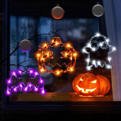 Set di 3 Luci di Halloween a LED per Finestre – Zucche Arancioni, Ragni Viola e Fantasmi Bianchi, Lampade a Batteria Perfette per Halloween Decorazioni Casa e Feste, Ideali per Interni ed Esterni