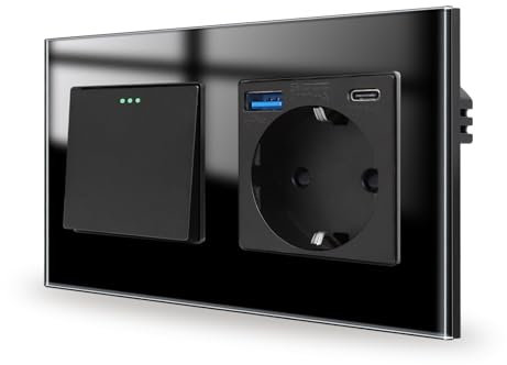 JIMEIDA Interruptor de luz con toma de corriente, 20 W, carga rápida con puertos USB (USB A y tipo C) negro, 1 vía, empotrado, toma de cristal, botón, interruptor, 157 x 86 mm, 10 amp, 250 V