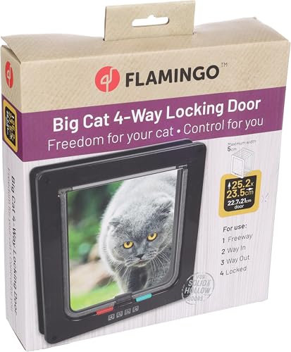 Flamingo - Grande Porte pour Chat à 4 Positions - Dimensions : A: 23,5 cm, B: 25,2 cm, C: 18 cm, D: 19,5 cm, E: 4,9 cm - Idéal pour Maine Coon, Persan, Siamois et Bengal
