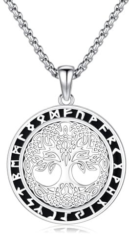 Wikinger Kette Herren Runen Anhänger 925 Sterling Silber Lebensbaum/Wolf/Thors Hammer Amulett Nordische Viking Schmuck Wikinger Geschenke Weihnachts für Männer Damen