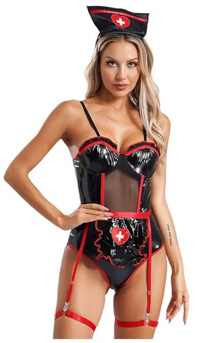 FEESHOW Damen Krankenschwester Outfit Lack Leder Netz Catsuit Stringbody Und Krankenschwester Zubehör Sexy Halloween Karneval Kostüm Schwarz M