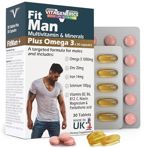 VITAGENERICS FitMan Multivitamin & Minerals Plus Omega 3, 30 Tablets Plus 30 Capsules, with Zinc, Iron & B Vitamins, Made in UK